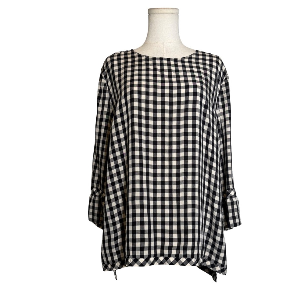J. Jill Womens XL Black White Gingham Ruffle Sleeve Rayon Tunic Blouse